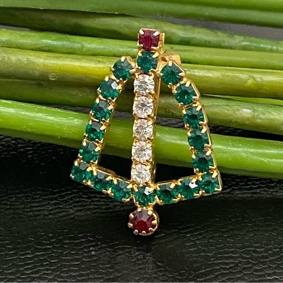 Vintage Green Red Clear Rhinestone Christmas Bell Small Pin Brooch - Picture 2 of 9